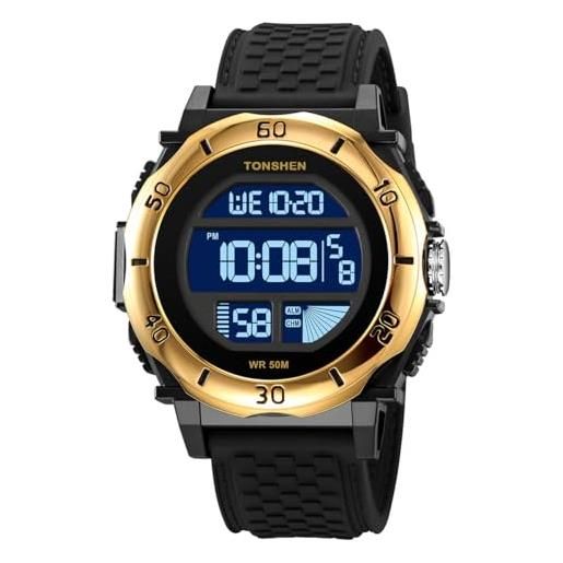 TONSHEN Orologio Digitale Sportivo – LED Retroilluminato – Impermeabile 50M – Cronografo E Allarme – Cinturino In Gomma – Cassa 35mm