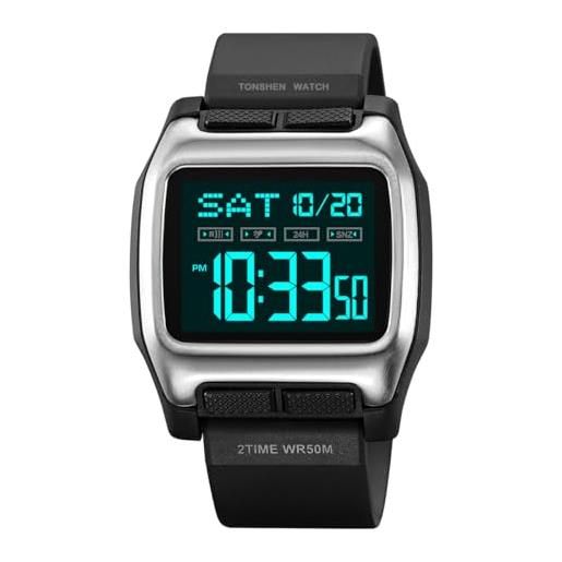 TONSHEN Uomo Orologi da Polso Elegante Impermeabile LED Display Outdoor Sportivo Militare Tattica Digitale Quarzo Orologio Plastica Lunetta e Gomma Band Calendario Data Cronometro Doppio Tempo (Nero