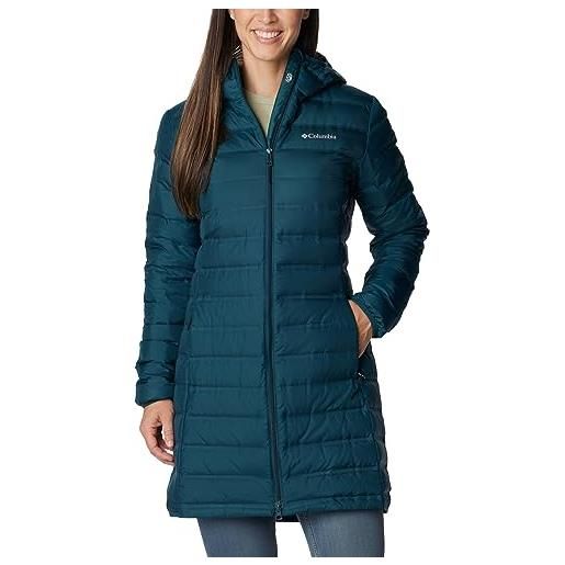 Columbia lake 22 down long hooded jacket, piumino con cappuccio donna, night wave, taglia xs
