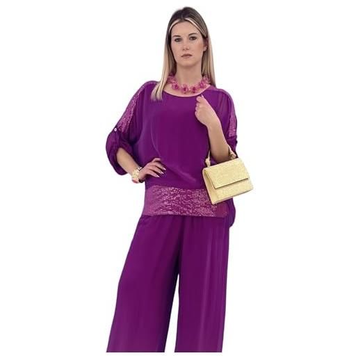 Amara completo positano pantalone e blusa in seta maglina jersey con dettagli di micropaillettes (acido, s/m)