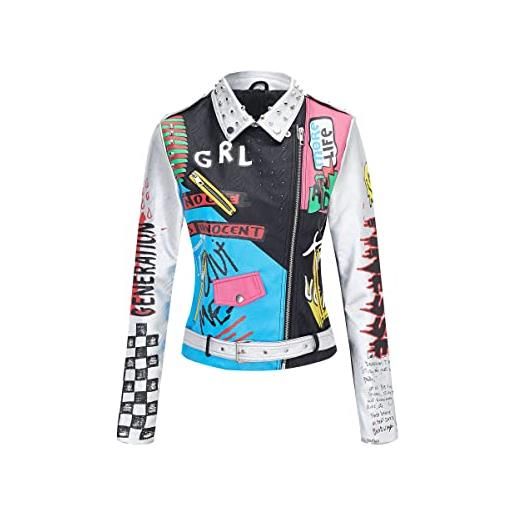 Giolshon donna giacca in finta pelle borchiato rivetto floreale moto motociclista cappotto con rever corto 0479 argento nero s