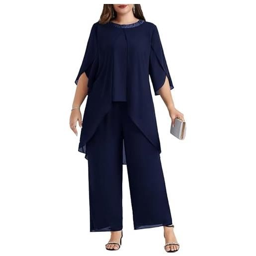 Hanna Nikole abito da sera da donna, taglie grandi, in chiffon, elegante, in due pezzi, per feste, matrimoni, feste, cocktail, serate, paillette, top e top a vita alta, blu scuro, 54/plus