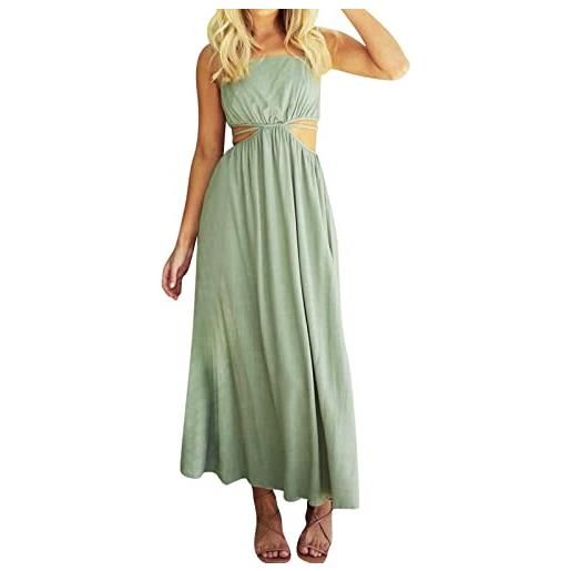QWUVEDS abito primaverile ed estivo in cotone e lino con confine europeo e americano, vita senza spalline e bretelle abito scollatura donna abito estivo sexy con schiena scoperta, verde, l