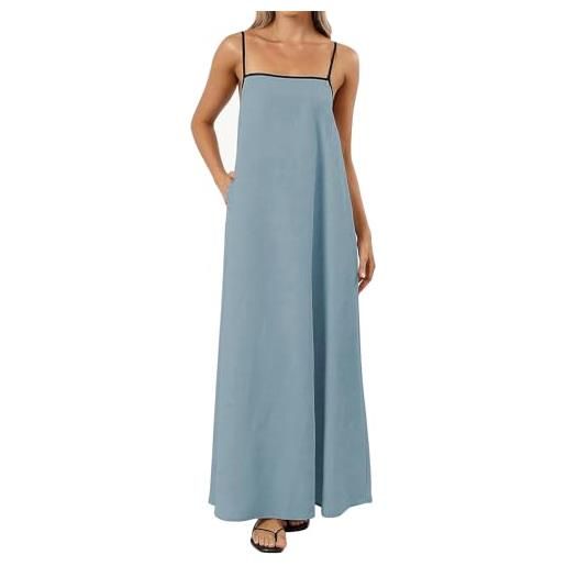 OBEEII abito estivo da donna in lino, senza maniche, con spalline sottili, taglio a contrasto, estivo, per il tempo libero, per la spiaggia, per le vacanze, lungo maxi abiti con tasche, blu, xxl