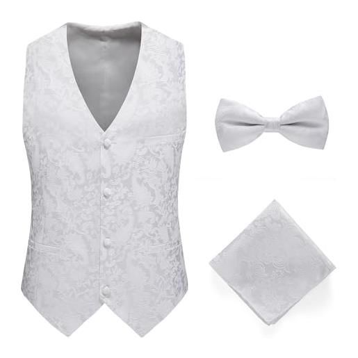ULPUDFAO smanicato elegante uomo, gilet monopetto slim fit in jacquard elegante giacca da smoking senza maniche con papillon e fazzoletto da taschino chic abito da sposa gilet per uomo bianco m