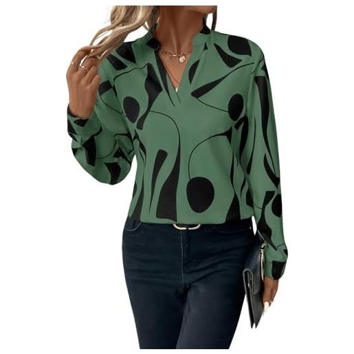 GORGLITTER camicia da donna, elegante, a maniche lunghe, con scollo a v, a maniche lunghe, per ufficio, a tunica, cachi, xxl