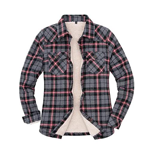 ZENTHACE giacca da donna in flanella foderata in pile sherpa, con bottoni sul davanti, con motivo scozzese (tutte le fodere sherpa), nero/bianco/borgogna, large