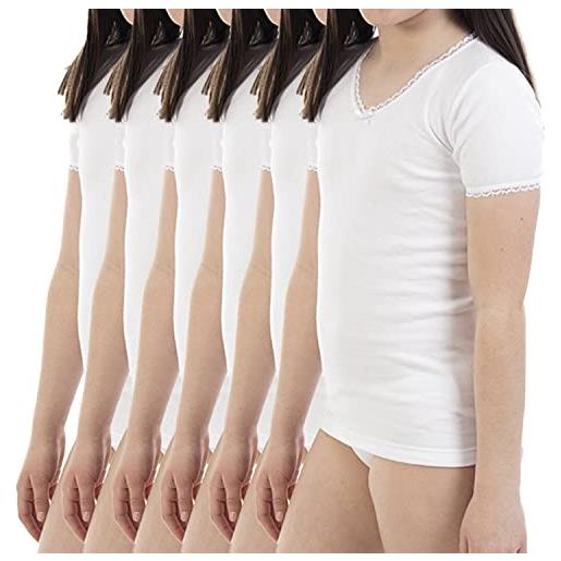 LACOTEX L C T confezione risparmio da 6 pezzi - maglietta intima termica da bambina l145, a maniche corte e collo a v con pizzo. Taglia e colore. Bianco 12 anni