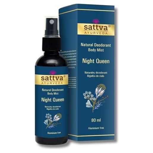 Sattva Ayurveda - deodorante spray naturale night queen, senza alcool, delicato sulla pelle, privo di alluminio, profumo seducente per le donne, spray per il corpo con estratti vegetali, deodorante da
