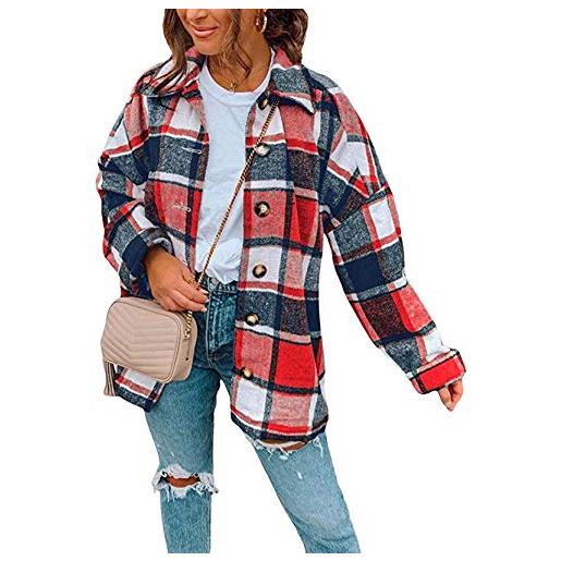 YMING camicetta scozzese da donna bottoni camicia di a maniche flanella lunghe giacca da boscaiolo camicia casual scozzese di moda rossa 3xl