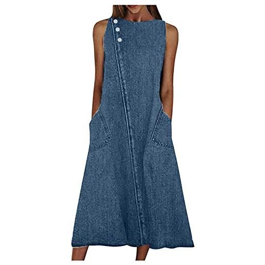WOXIHUAN vestito da donna in denim, elegante, casual, gilet lungo, vestito estivo da donna, vestiti donna scollo a v, abito da donna, tinta unita, a vita media, casual, vestito da strada, in denim