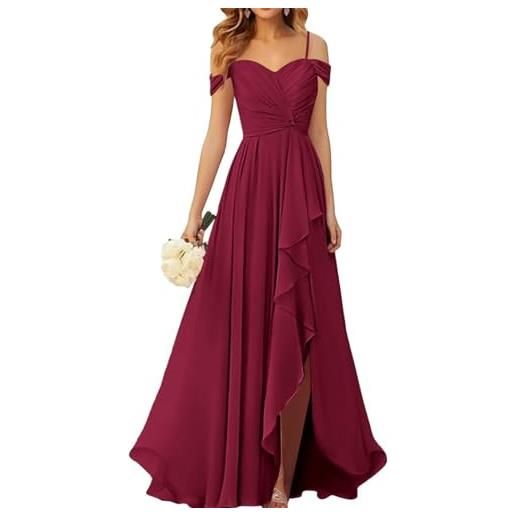 Wseyu - abito da damigella d'onore con spalline scoperte, in chiffon plissettato con spacco. Abito lungo formale da sera, per feste e balli, pavone, 50