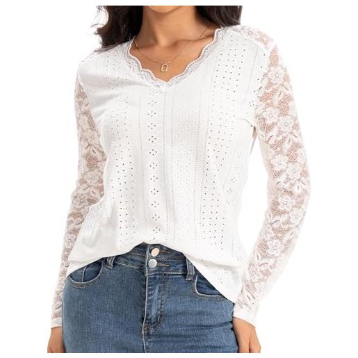 Becellen camicias donna elegante, casual manica lunga blusa in pizzo maglia particolari tinta unita camicette con scollo a v per autunno inverno