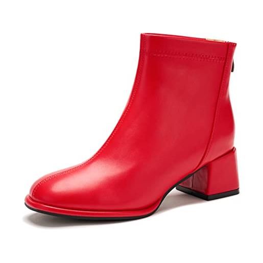 Poorevill stivaletti da donna con tacco medio alto e cerniera, punta rotonda, stile casual, per feste, nero verniciato. , 42.5 eu