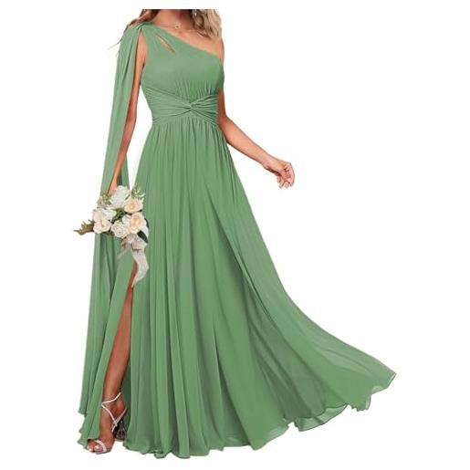 KURFACE abito da damigella d'onore da donna, monospalla, con mantello, fessura laterale, in chiffon, lungo, formale, per invitata al matrimonio, rosa cipria, 50