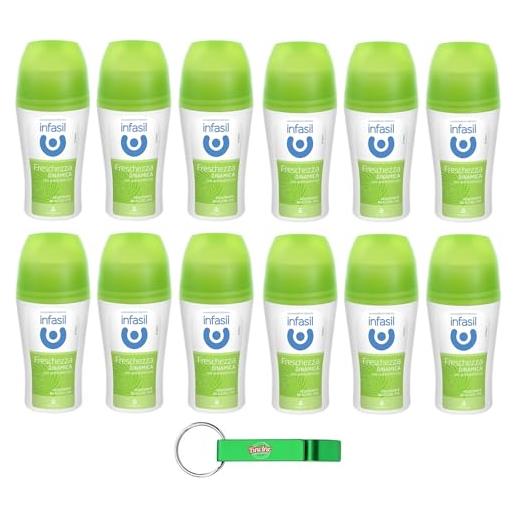 Beni Culinari 12x infasil deodorante roll on freschezza dinamica, senza alcol, efficace fino a 24h, deo roll-on da 50ml + portachiavi Beni Culinari in omaggio