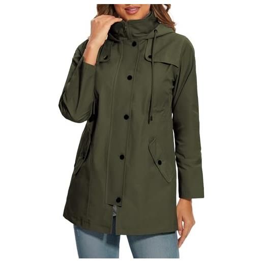 PASUDA giacca impermeabile donna giacca pioggia con cappuccio lungo giacca a vento traspirante leggero antipioggia antivento trench all'aperto (verde militare, xl)