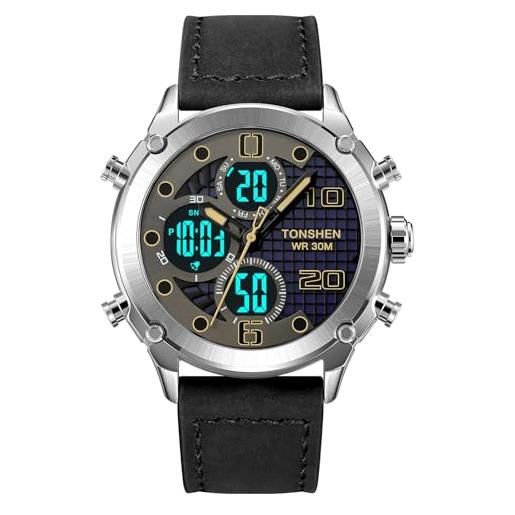 TONSHEN orologi da polso uomo acciaio inossidabile e pelle cinturino digitale multifunzione led elettronico tre tempo outdoor militare sportivo orologio (argento 2)
