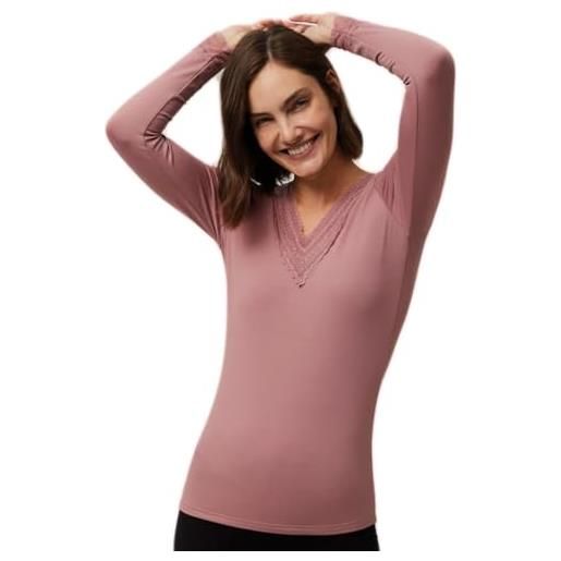 YSABEL MORA - maglia termica collo a v pizzo manica lunga nero, bombon desire, l
