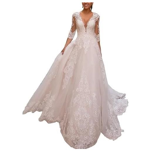SEVENYXX abito da sposa con 3/4 maniche pizzo registry office dress a-line principessa abiti da sposa, champagne, 44