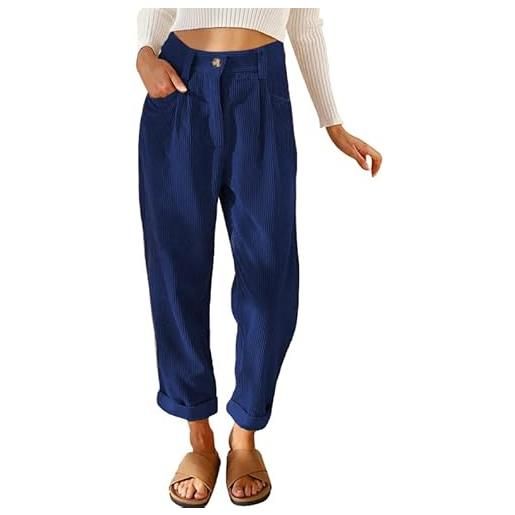 TANMESSO pantaloni da donna in velluto a coste elastico con tasche gamba dritta pantaloni casual, blu, xxl