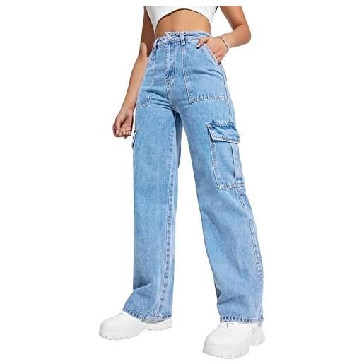 Flvsun pantaloni cargo da donna a vita alta larghi cargo jeans a gamba dritta y2k streetwear pantaloni 6 tasche per donne adolescenti ragazze. , azzurro chiaro, xs