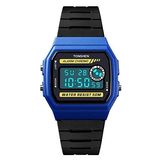 FeiWen Sportivi Orologio da Uomo e Ragazzo 50M Impermeabili Plastica Cassa e Gomma Banda Outdoor Militare Multifunzione Digitali Orologio LED Doppio Tempo Allarme (Verde