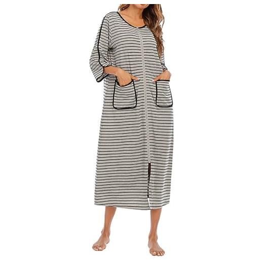 YOUYOUGU vestaglia lunga da donna, vestaglia da donna, con cerniera, a maniche lunghe, morbida, a kimono, camicia da notte a righe sottili, accappatoio pigiama (multicolore/s-2xl), grigio, xl
