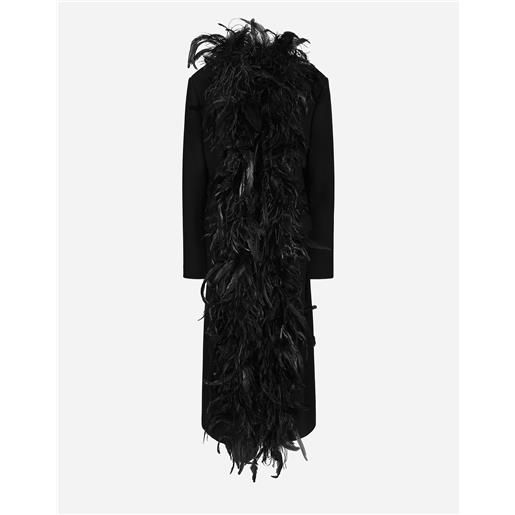 Dolce & Gabbana cappotto doppiopetto in crêpe di lana con cintura e applicazione piume di gallo