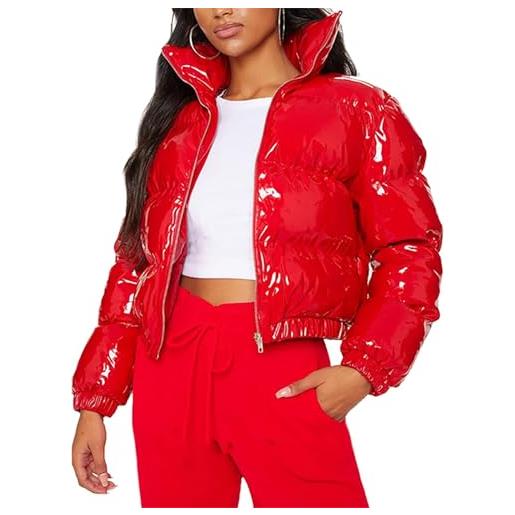 Suncadmious piumino corto da donna piumino invernale lucido con zip corta a bolle (nero, m)