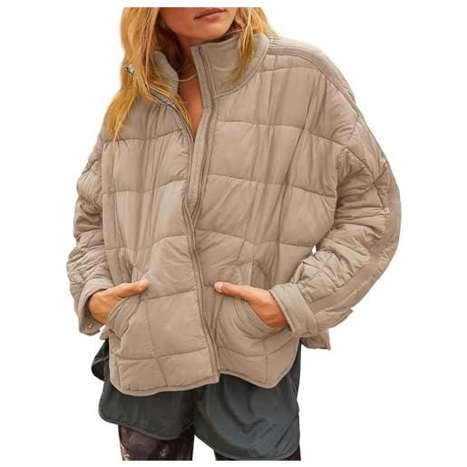 Suncadmious piumino invernale caldo con zip leggero e largo da donna con tasche (kaki, l)