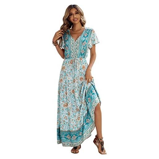 R.Vivimos donna vestiti lungo estivo boho floreale maxi abito elegante scollo a v maniche corte abito casual vacanze(m, verde chiaro)