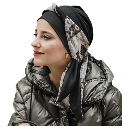 CAREBELL turbante oncologico modello smooth - design zig zag grey in cotone naturale, confortevole e traspirante, speciale per chemioterapia, alopecia e pelli sensibili