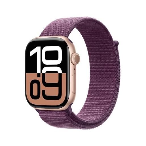 Apple watch series 10 gps 46 mm smartwatch con cassa in alluminio oro rosa e sport loop prugna - one size. Fitness tracker, app ecg, display retina always-on, resistente all'acqua