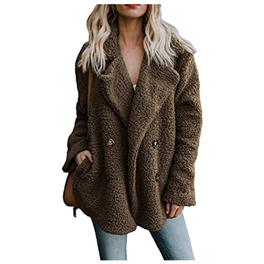 OMZIN donne cappotto casual risvolto pile fuzzy faux cappotti caldo inverno outwear giacche manica lunga blu navy 3xl