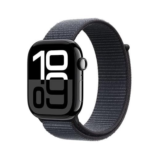 Apple watch series 10 gps + cellular 46 mm smartwatch con cassa in alluminio jet black e sport loop inchiostro - one size. Fitness tracker, app ecg, display retina always-on, resistente all'acqua