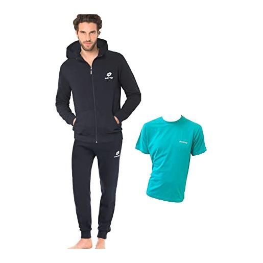 Lotto tuta uomo invernale completa + t-shirt in omaggio - tuta uomo in felpa di cotone garzato con zip intera - nero, m