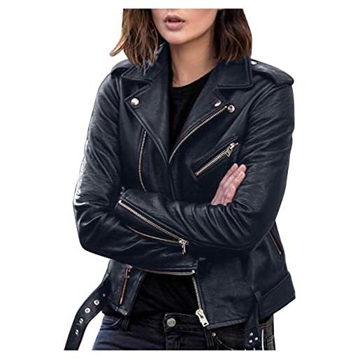 EMUKFD - giacca da donna in ecopelle, stile motociclista, taglia grande, biker, corta, leggera, vegana, con cerniera, slim fit, con tasche e zip, moda, marina militare, l