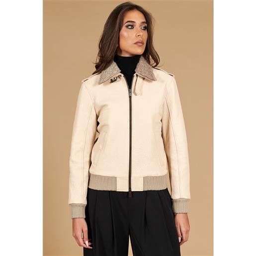 D'Arienzo bomber aviator in pelle raggrinzita color crema collo montone D'Arienzo
