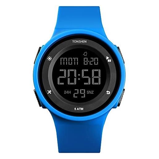 TONSHEN Orologio Sportivo Uomo 50M Impermeabile – LED Digitale Con Allarme, Cronometro, Data – Morbido Cinturino In Gomma