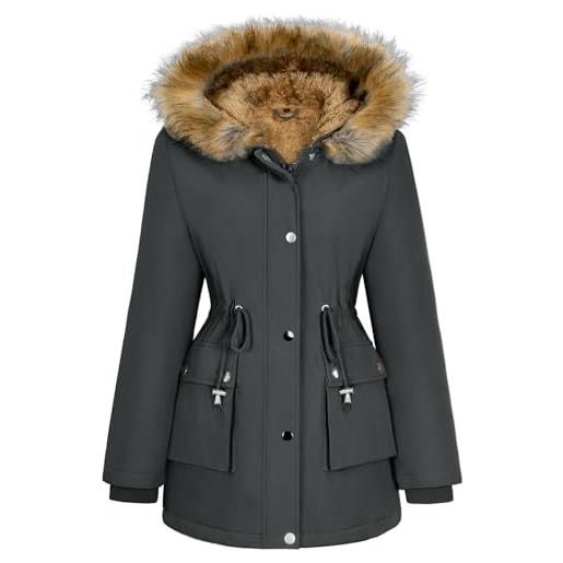 Xnova cappotto donna invernale, parka impermeabile con cappuccio antivento, media lugghezza giacca foderato in pile pelliccia sintetica caldo ed elegante cappotti outdoor autunno inverno (cachi, s)