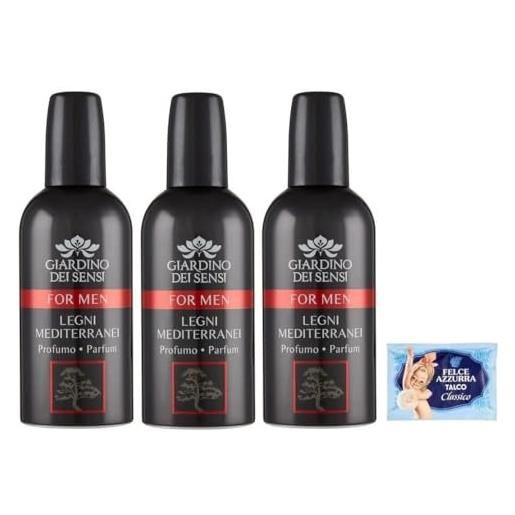 Felce Azzurra 3x giardino dei sensi profumo for men legni mediterranei, profumo da uomo intenso e originale 100ml + 1 confezione di talco Felce Azzurra in omaggio, busta da 100g