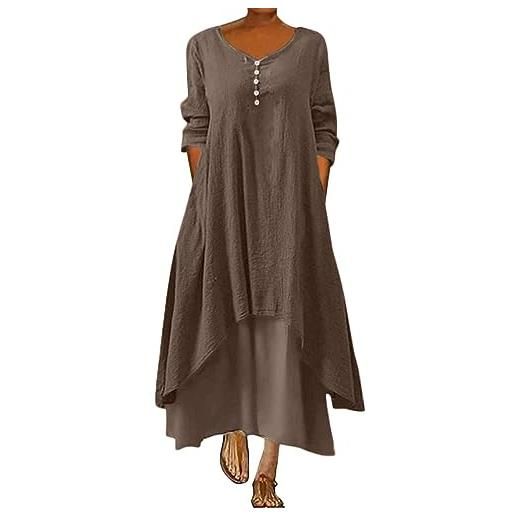 ORANDESIGNE abito lungo donna cotone e lino caftano boho abito ampio casual moda manica lunga scollo a v abiti lunghi vestito estivo taglie forti eleganti vestiti 2 in 1 maxi abito a marrone, m