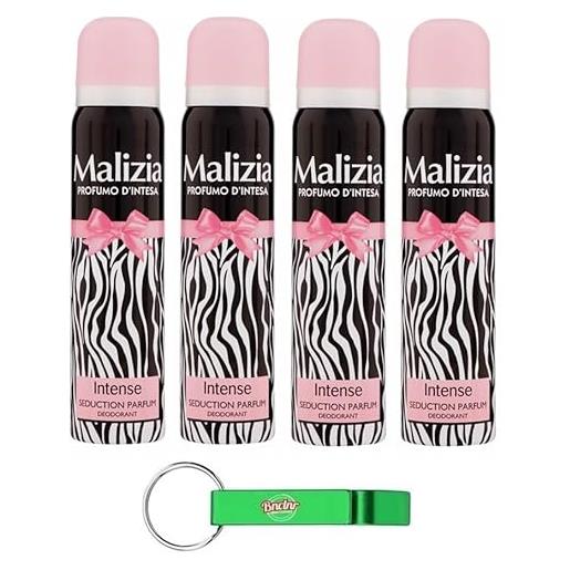 Beni Culinari 4 deodorante malizia donna intense seduction profumo, deodorante spray da donna, 100 ml + portachiavi Beni Culinari