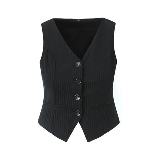 Generic completo da donna nuovo gilet senza maniche scollo a v a righe + gonna a pieghe con cuciture in pizzo - gilet - m