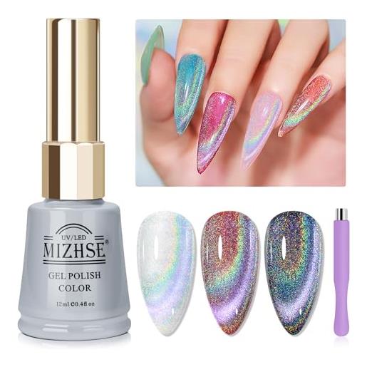 MIZHSE cat eye - smalto per unghie uv in gel da 12 ml, effetto arcobaleno, con calamita 9d, camaleonte, glitter per occhi di gatto, per nail art, con penna magnetica