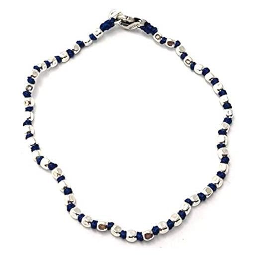 Bracciale Spadarella In Cotone Nautico Nero Con Cubetti Argento 925, Fatto A Mano, Unisex, 17 Cm