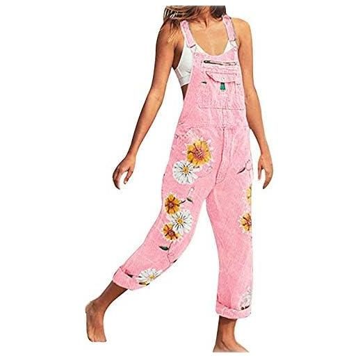 BJMAND salopette casual da donna in denim con bretelle, stampa floreale vintage, vestibilità ampia, gamba dritta, tutina con tasche, taglie s-5xl pantaloni taglie forti, rosa, s