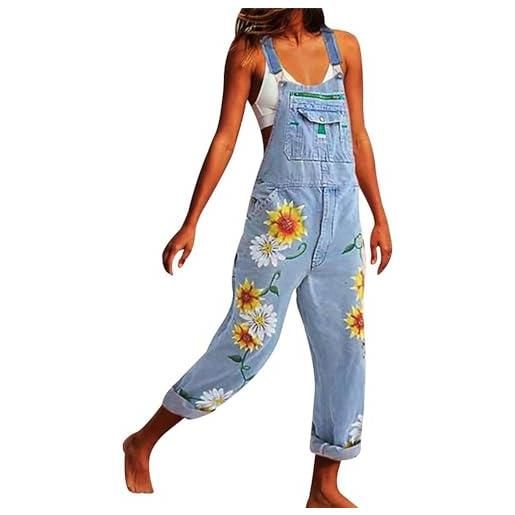 BJMAND salopette casual da donna in denim con bretelle, stampa floreale vintage, vestibilità ampia, gamba dritta, tutina con tasche, taglie s-5xl pantaloni taglie forti, blu navy, s