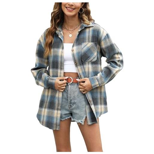 Megfie oversize donna flanella plaid morbida button down camicia roll up manica lunga camicette, #2 rosa, l